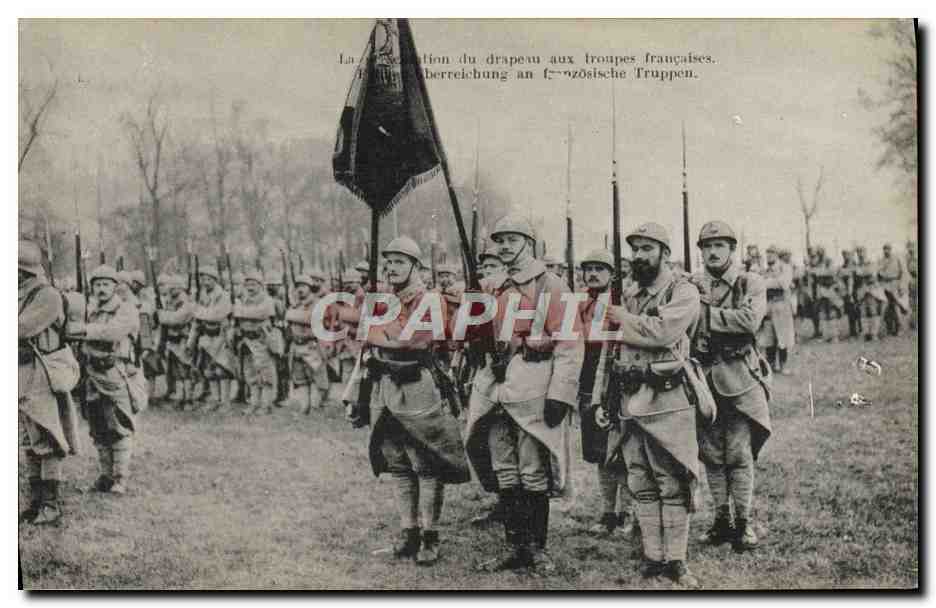 Cerimonia di consegna della bandiera alle truppe francesi — editore non identificato, numero di serie non visibile