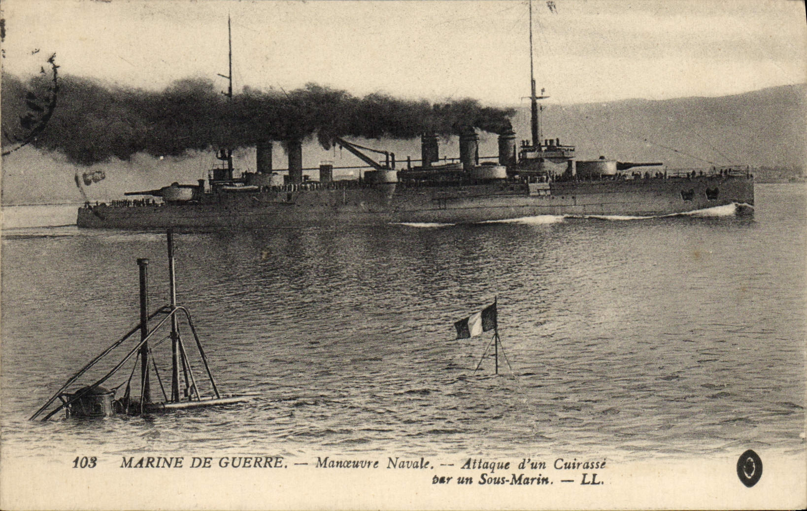Attaque d'un Cuirassé par un Sous-Marin — Marine de Guerre — Manœuvre Navale — LL. — N° 103