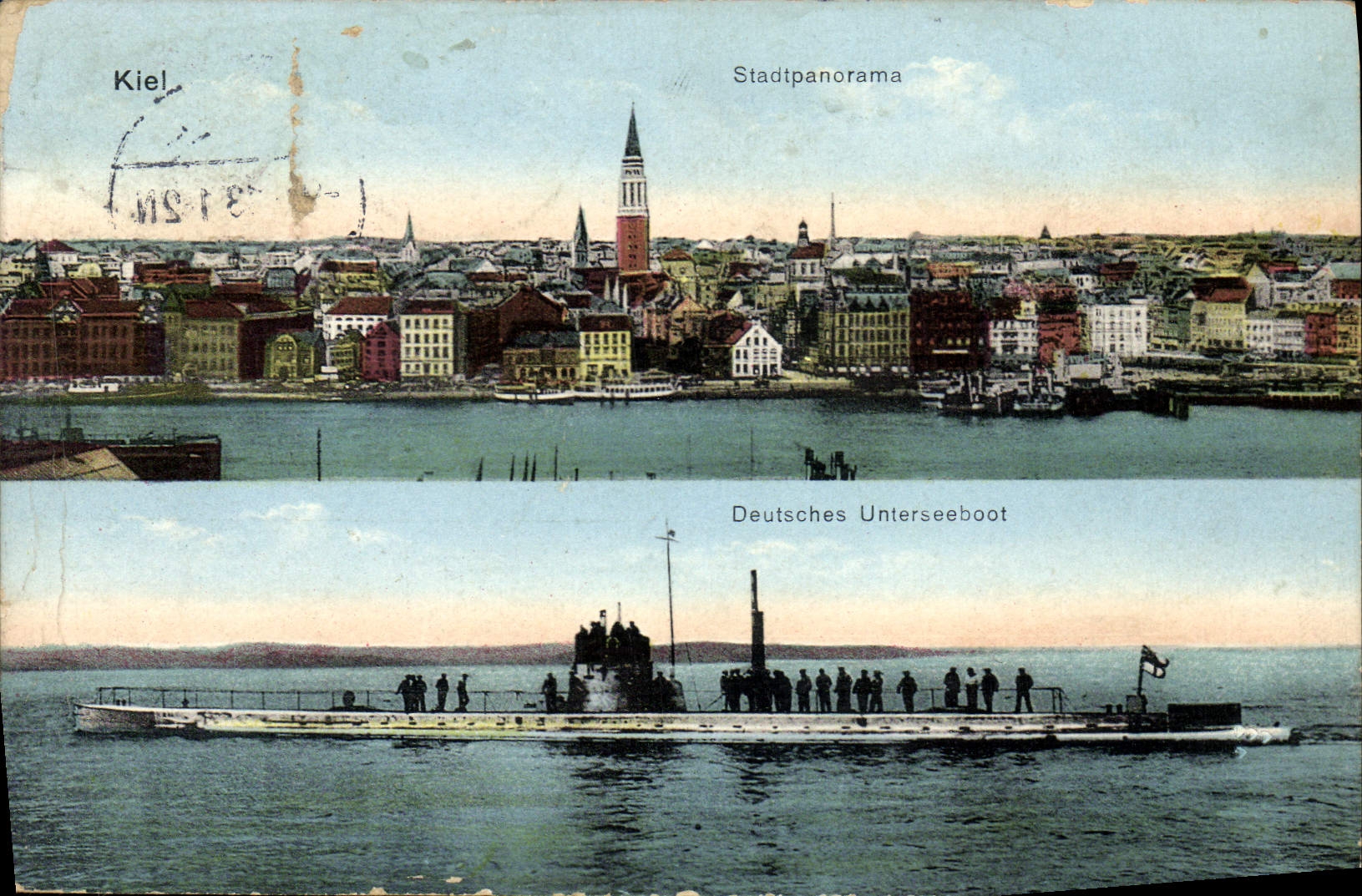 CPA Bateau Kiel Stadtpanorama Deutsches Unterseeboot 