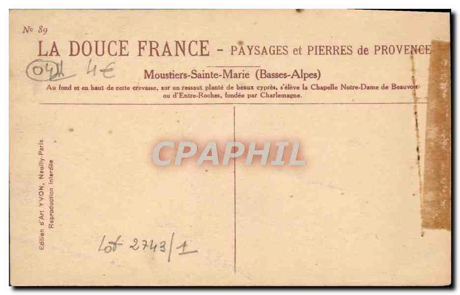 CPA Moustiers Sainte Marie La chapelle Notre Dame de Beauvoir ou d'Entre Roches fondee par Charlemagne  — Verso