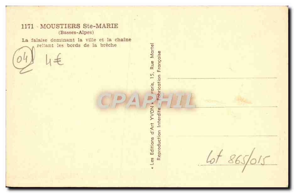 CPA Moustiers Sainte Marie La Falaise Dominant La Ville Et La Chaine reliant les bords de la breche  — Verso