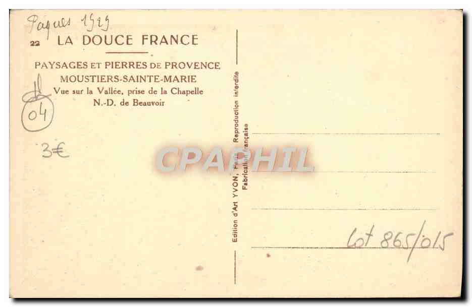 Vue sur la Vallée, prise de la Chapelle N.-D. de Beauvoir — Moustiers-Sainte-Marie — Édition d'Art YVON — Verso