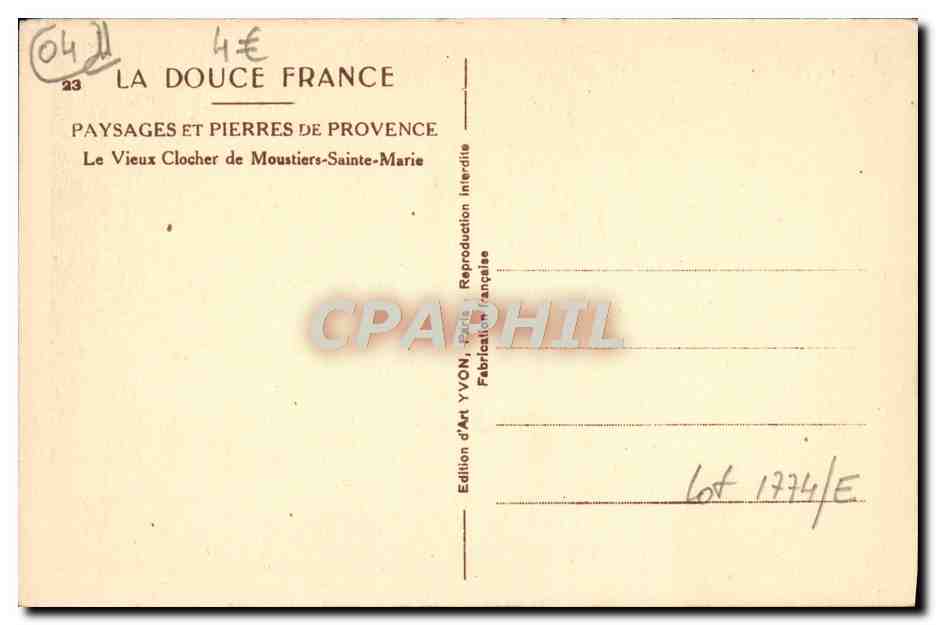 Le Vieux Clocher de Moustiers-Sainte-Marie — Édition d'Art YVON — n°23 — Reverso