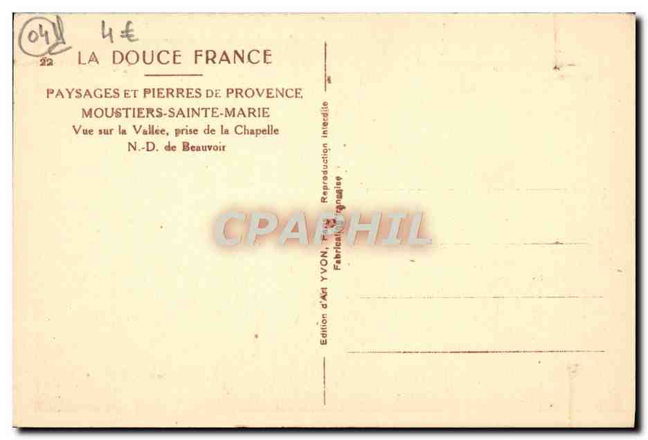 Moustiers-Sainte-Marie — Vue sur la Vallée, prise de la Chapelle N.-D. de Beauvoir — Édition d'Art YVON — Verso