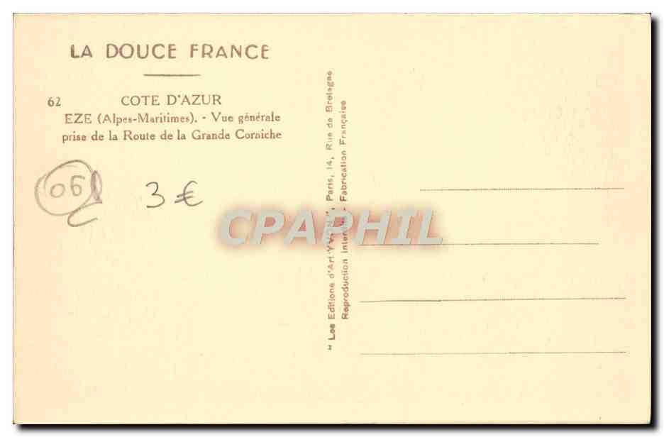 Eze — Côte d'Azur — Vue générale prise de la Route de la Grande Corniche — Éditions d'Art Yat — Verso