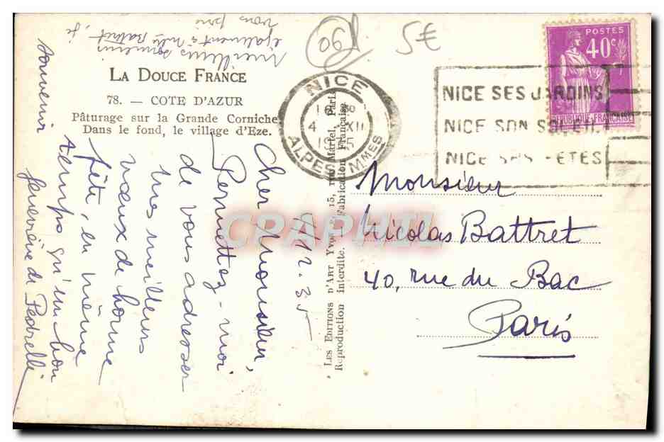 CPM La Douce France Cote D'Azur Paturage sur la grande corniche Dans le fond le village d'Eze Berger Moutons — Rückseite