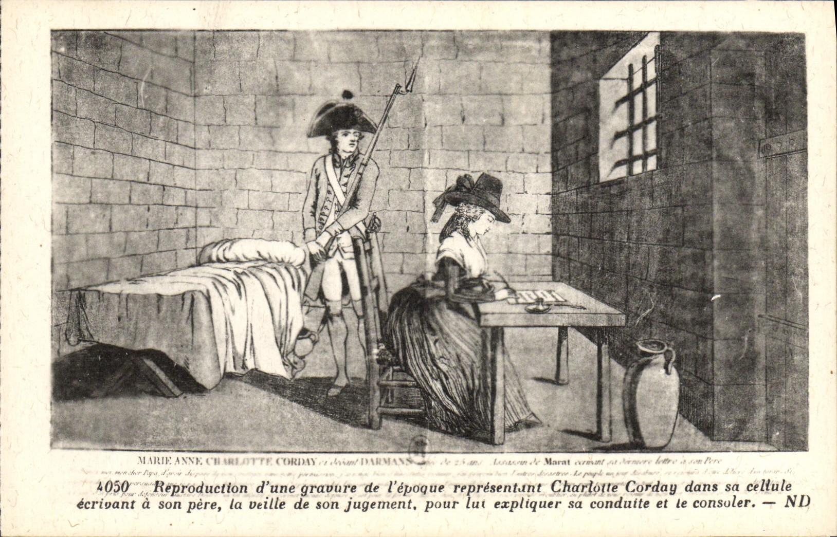Marie Anne Charlotte Corday — Reproduction d'une gravure de l'époque représentant Charlotte Corday dans sa cellule écrivant à son père — ND