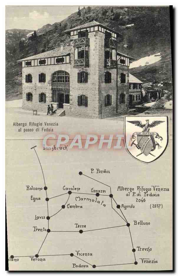 Albergo Rifugio Venezia al passo di Fedaia — carte postale avec carte routière — G. B. Unterweger, Trento