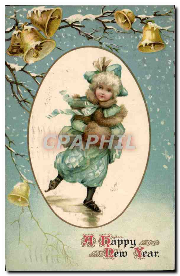 Enfant en robe bleue dans un cadre ovale — décor de cloches et neige — A Happy New Year