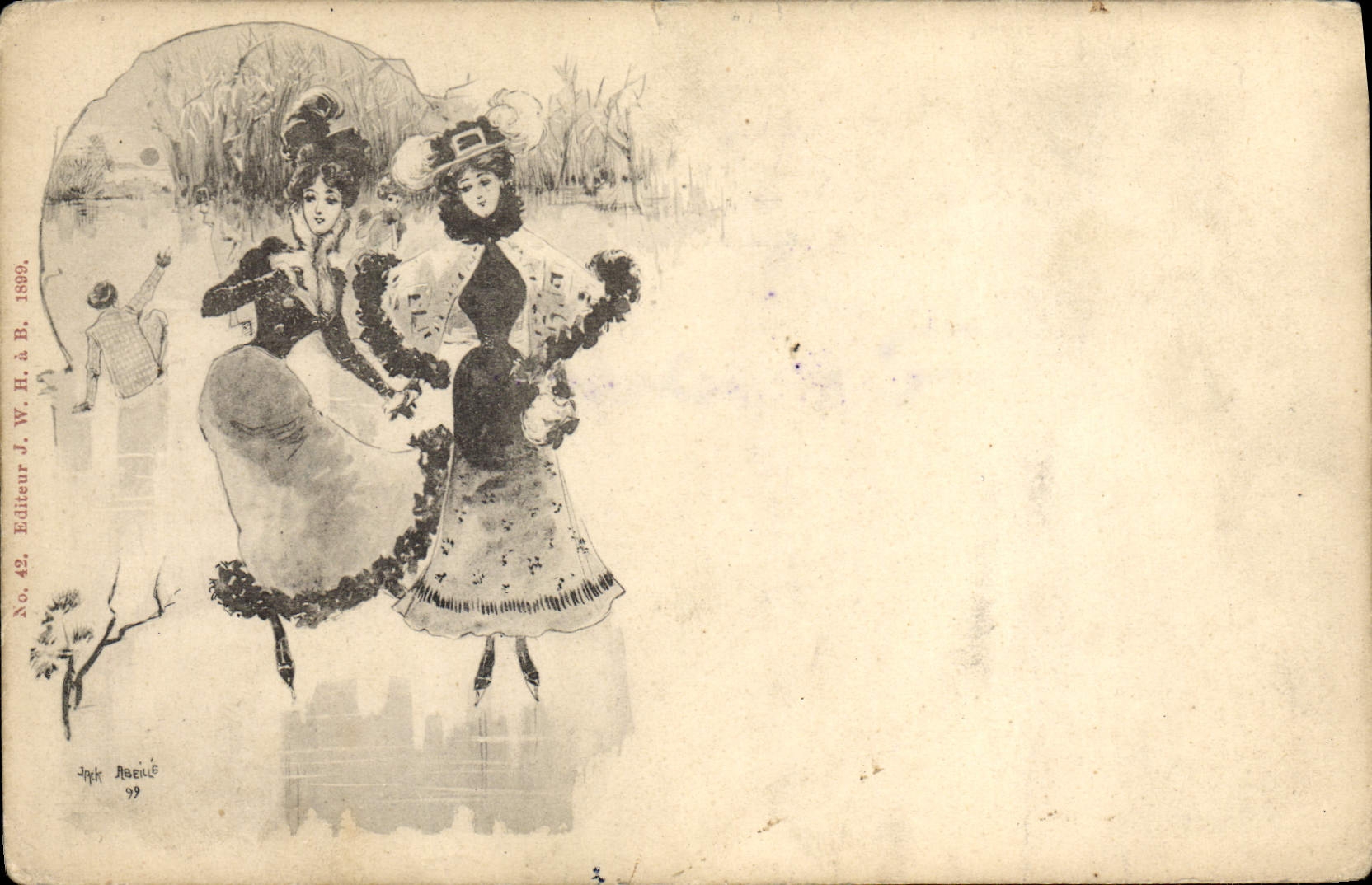 Deux femmes en tenue d'hiver — scène de rivage — Éditeur J. W. H. & B., No. 42, 1889