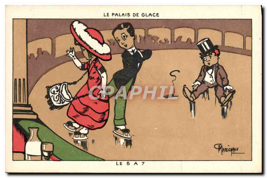 Le Palais de Glace — scène de patinage — éditeur Marecmaux, n° série 5 à 7