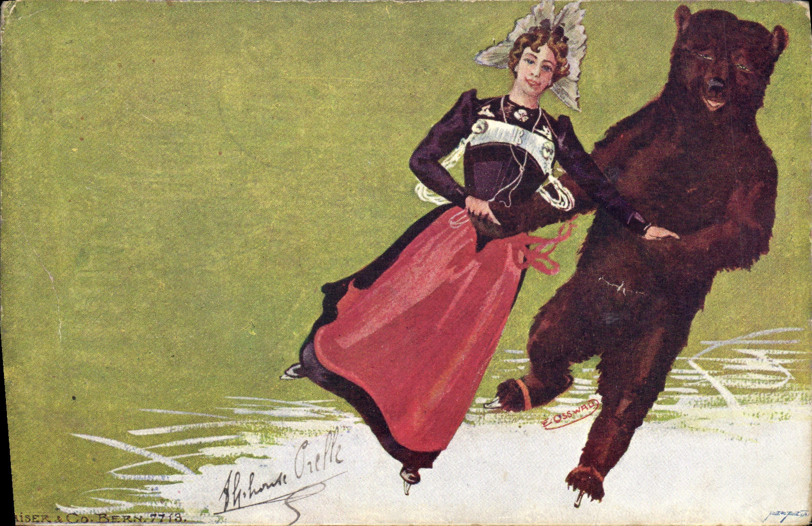 Femme en costume traditionnel patinant avec un ours — illustration de Théodore Crelle — éditeur Kaiser & Co. Bern, n° 7748