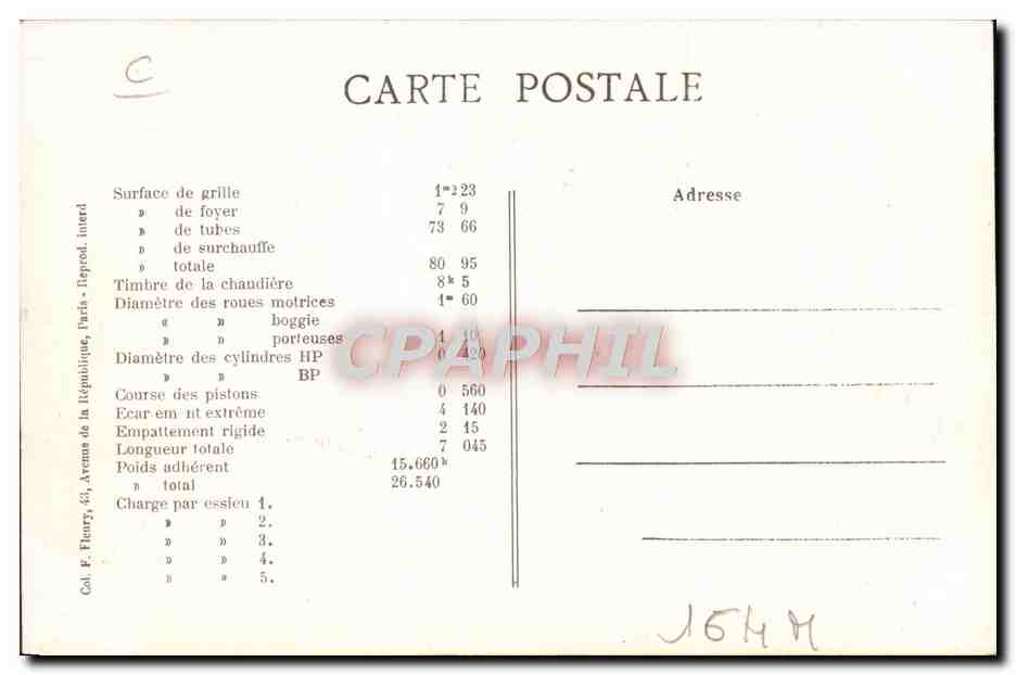 CPA Train Locomotive Ancienne machine a 2 essieux couples — Verso