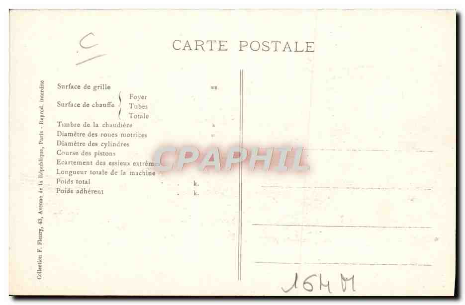 CPA Train Locomotive Machine 857 Service des manoeuvres  — Verso