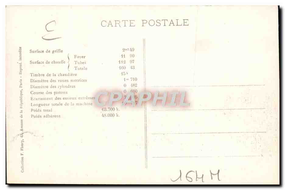 CPA Train Locomotive Machine 1797 — Verso
