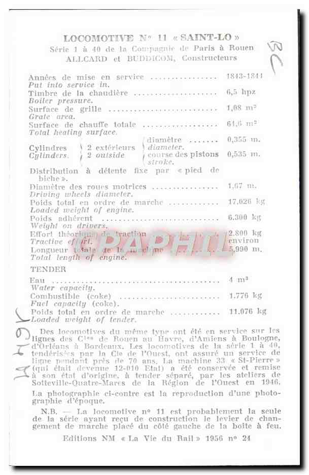 CPM Train Locomotive 11 Saint Lo Serie 1 a 40 de la Compagnie de Paris a Rouen Allcard et Buddicom — Rückseite