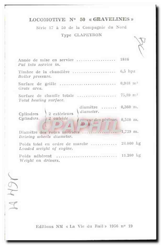 CPM Train Locomotive 50 Gravelines Serie 17 a 50 de la Compagnie du Nord Type Clapeyron  — Verso