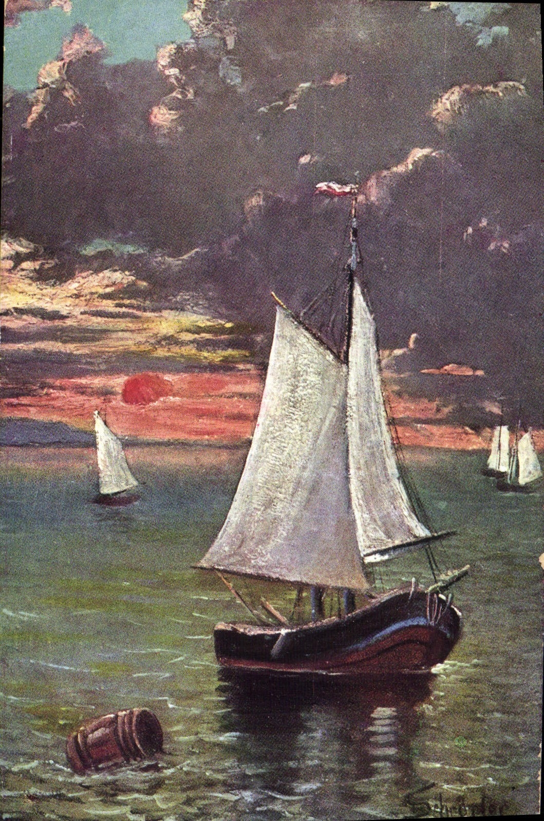 Bateau à voile — coucher de soleil — Union postale universelle, série 579, Dess.