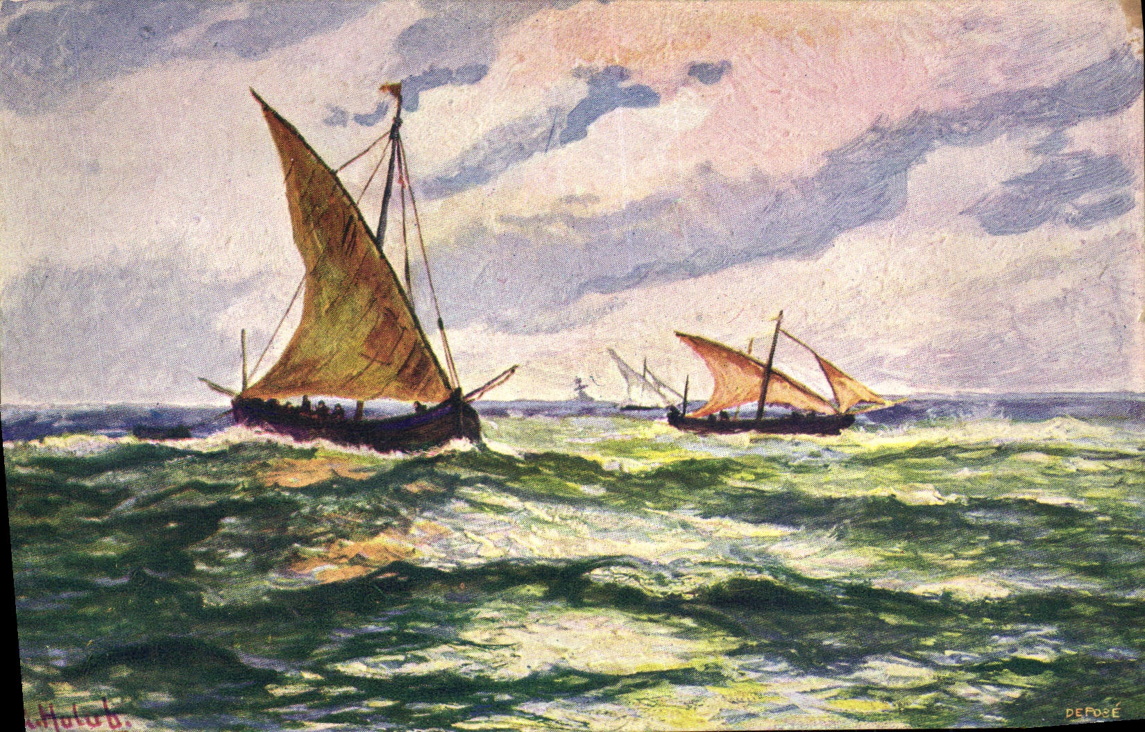 Bateaux à voile sur la mer — peinture de Hulub — éditeur DEPOSE