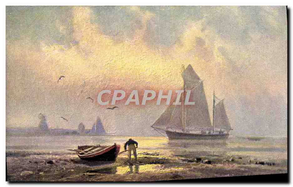 Paysage marin au coucher de soleil — homme près d'une petite barque — K.&R. D. Série 1934