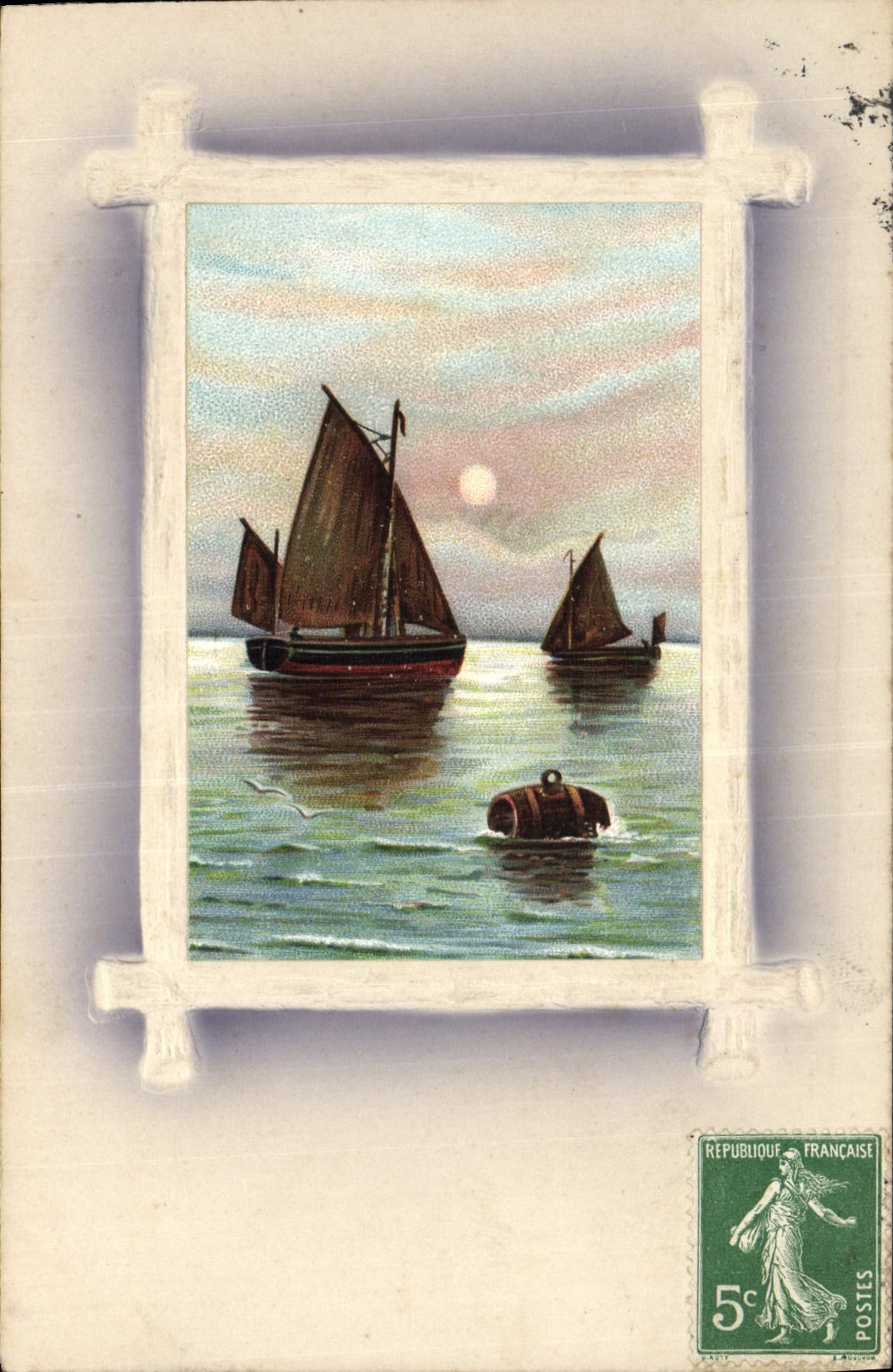 Scène maritime au crépuscule — vue encadrée — timbre 5c République Française