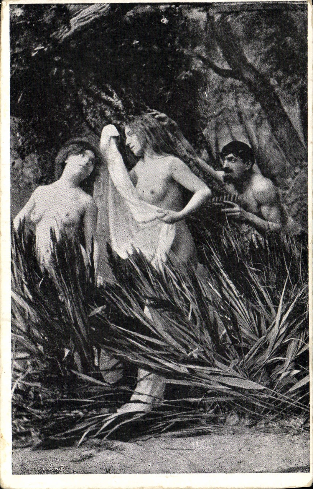 Scène mythologique — trois personnages nus dans une forêt — éditeur CPAPHIL, n° R.C. - Anverso