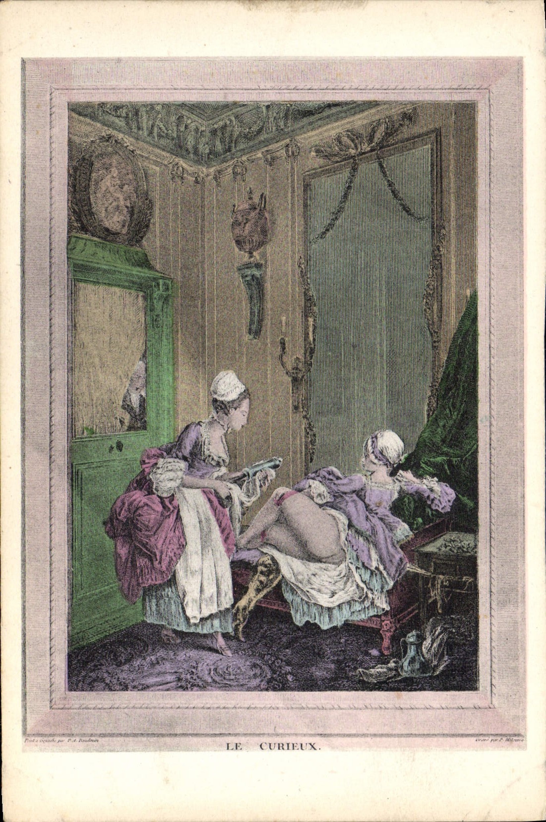Der Neugierige — Szene eines Salons — Kupferstich von L. Baudouin, veröffentlicht von L. Baudouin