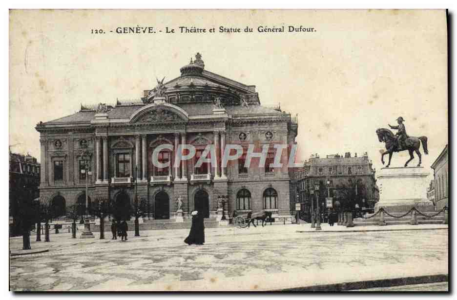 CPA Geneve Le theatre et statue du general Dufour 
