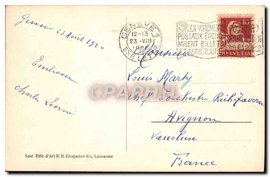 CPA Geneve La place neuve le theatre et le conservatoire — Verso