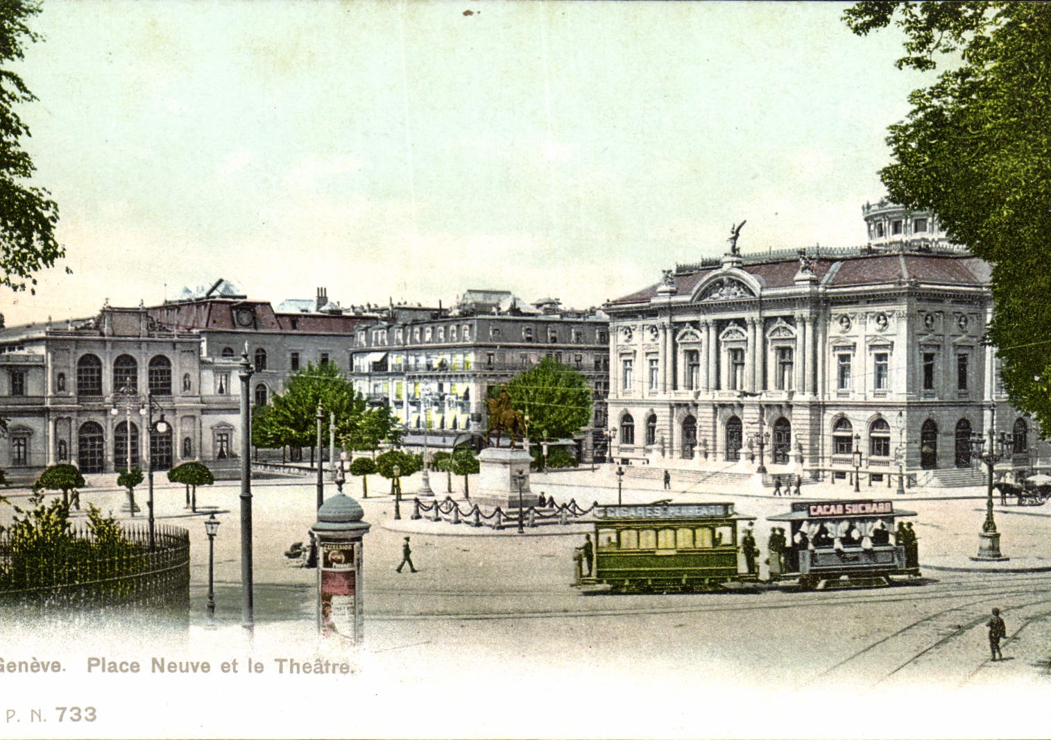 CPA Geneve Place Neuve et le theatre Tramway Cacao Suchard