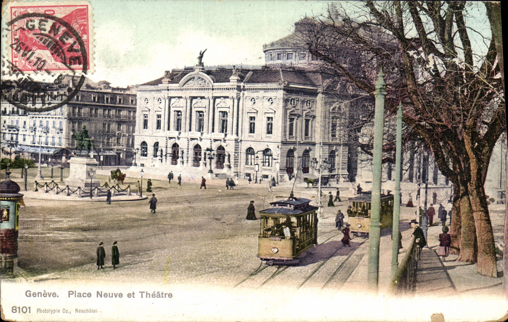 CPA Geneve Place neuve et theatre Tramway