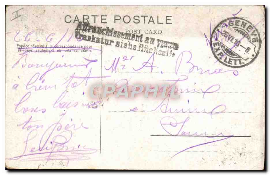 CPA Geneve Place neuve et theatre Tramway — Verso