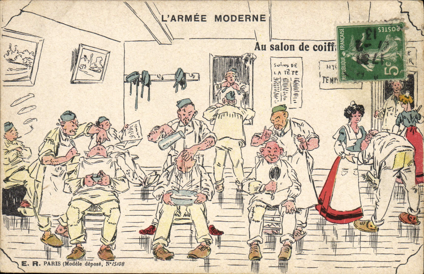 CPA Militaria Coiffeur Perruquier L'armee moderne Au salon de coiffure