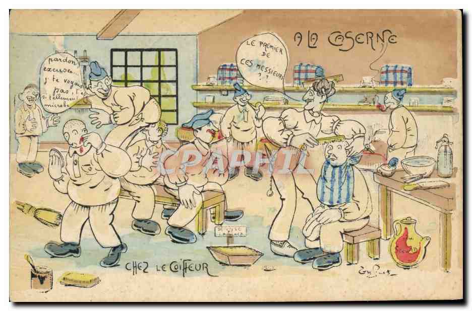 CPA Militaria Coiffeur Perruquier A la caserne Chez le coiffeur
