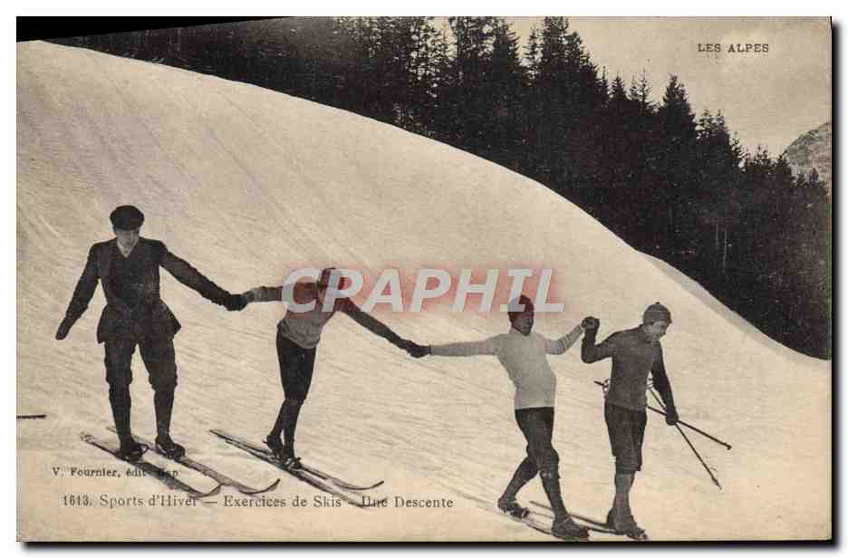 Les Alpes — Sports d'Hiver — Exercices de Skis — Une Descente — V. Fournier, édit. Gap