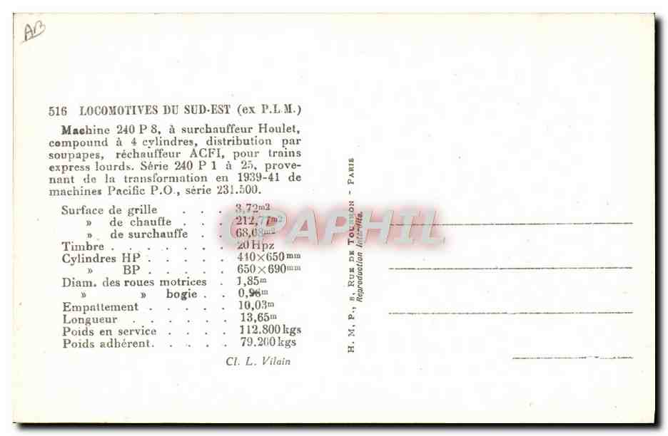 CPA Train Locomotive Machine 240 P 8 a surchauffeur Houlet — Verso