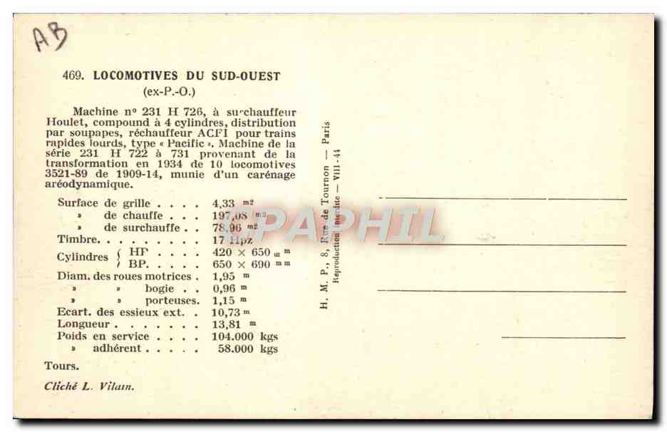 CPA Train Locomotive du sud Ouest Machine 231 H 726 a surchauffeur Houlet — Verso