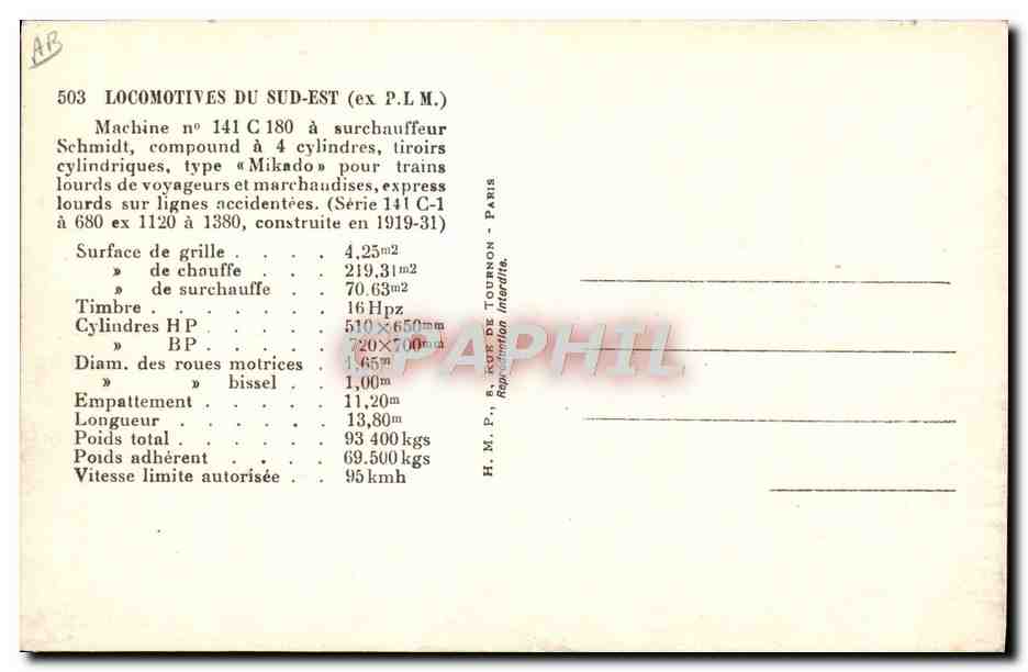 CPA Train Locomotive du Sud Est ex PLM Machine 141 C 180 — Rückseite