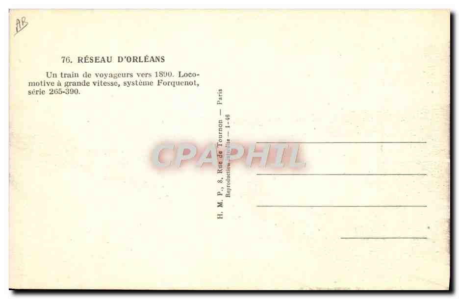 CPA Train Locomotive Reseau d'Orleans Train de voyageurs vers 1890 — Verso