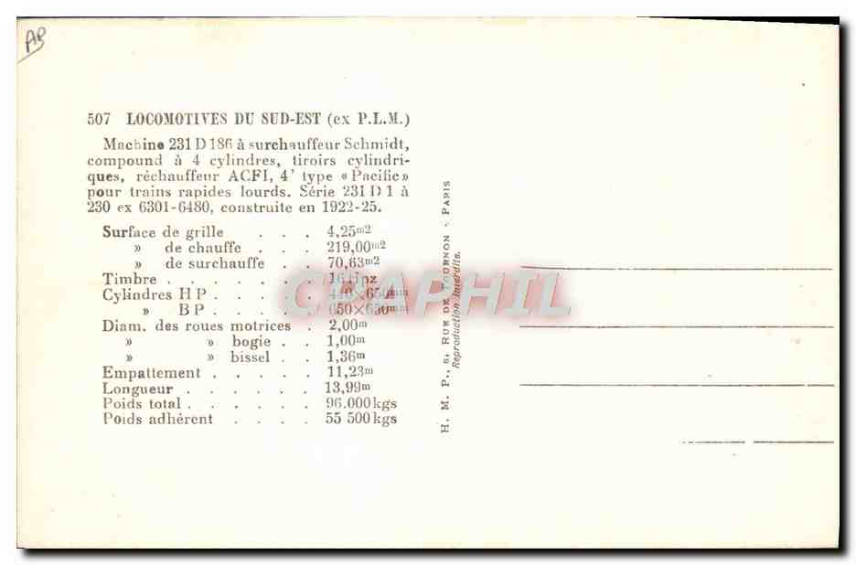 CPA Train Locomotive du Sud Est ex PLM Machine 231 D 186 — Rückseite