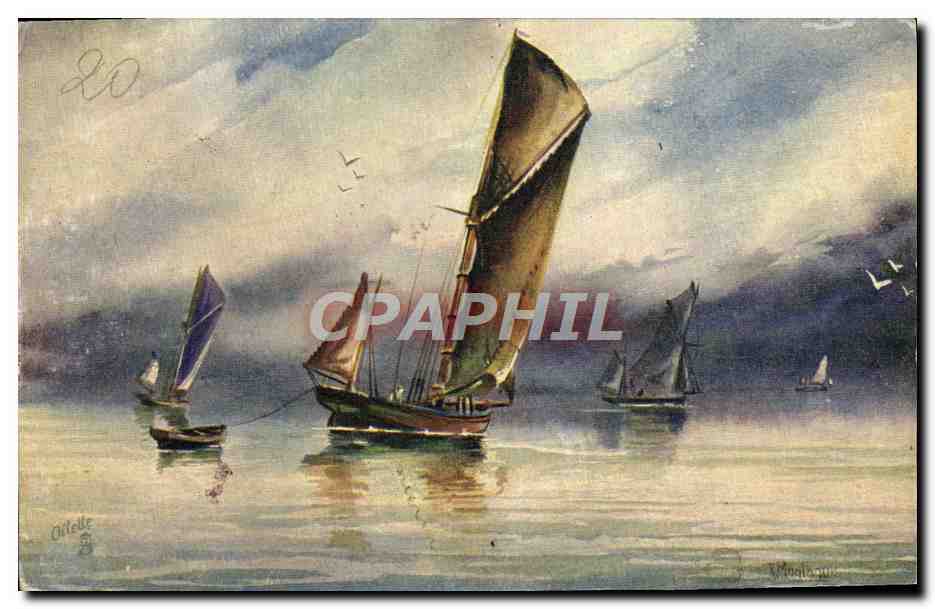 Scène maritime avec voiliers — dessin à l'aquarelle — Tuck's Post Card