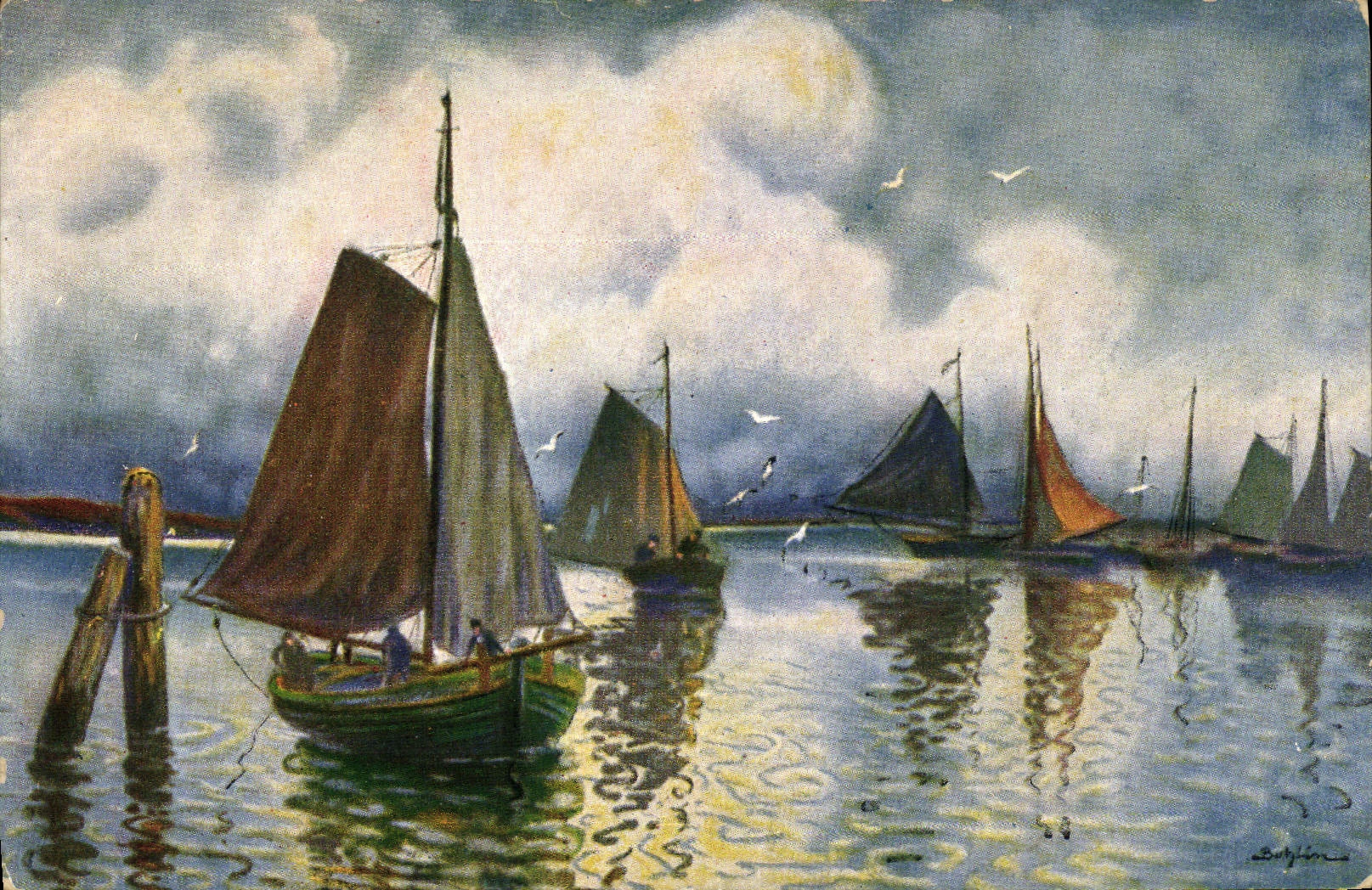 Port de bateaux à voile — ciel nuageux — éditeur CPAPHIL, série 290
