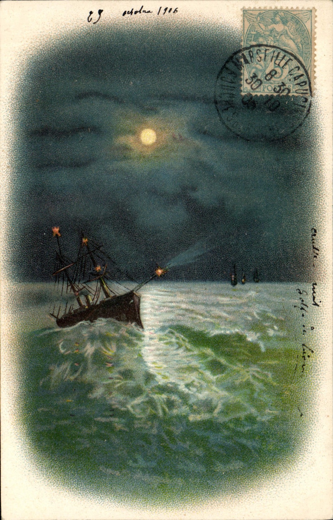 Navire en mer sous la lune — édition Union postale universelle, n° 11427