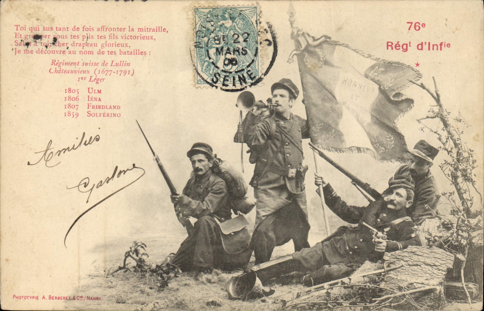 Soldats du 76e Régiment d'Infanterie — Régiment suisse de Lullin — Phototypie A. Bergeret & Cie, Nanoy
