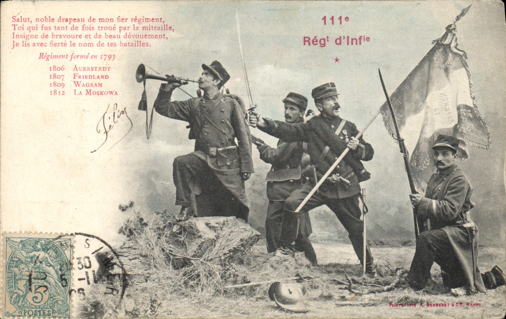 111e Régiment d'Infanterie — Salut noble drapeau de mon fier régiment — Photographie A. Bekkeret & Cie, Nancy - Recto