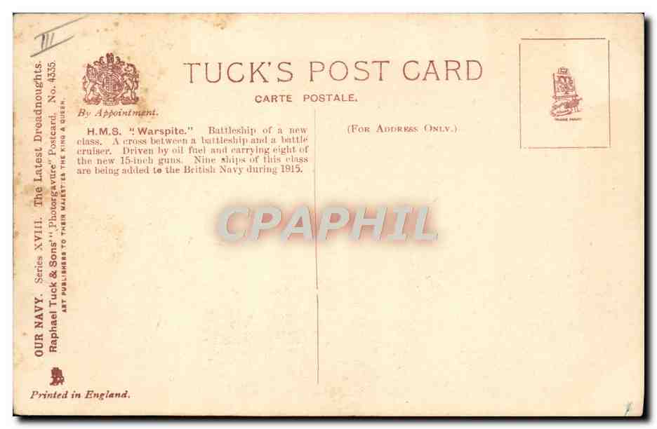 H.M.S. Warspite — Bataille de la mer — Raphael Tuck & Sons Ltd. — Verso