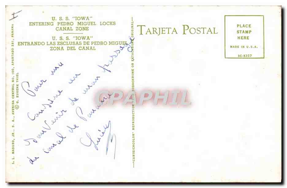 U.S.S. "IOWA" — entrant dans les écluses de Pedro Miguel — Tarjeta Postal, éditeur G. Eugene Thiel, n° 3C-K327 — Achterkant