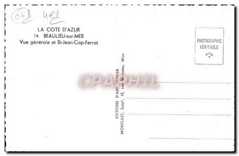 CPA Beaulieu Sur Mer Vue Generale et St Jean Cap Ferrat — Rückseite
