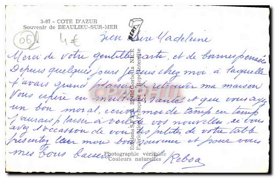CPM Beaulieu sur mer — Verso