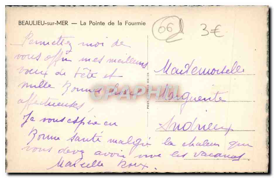 CPA Beaulieu La Pointe de la Fourmie — Verso